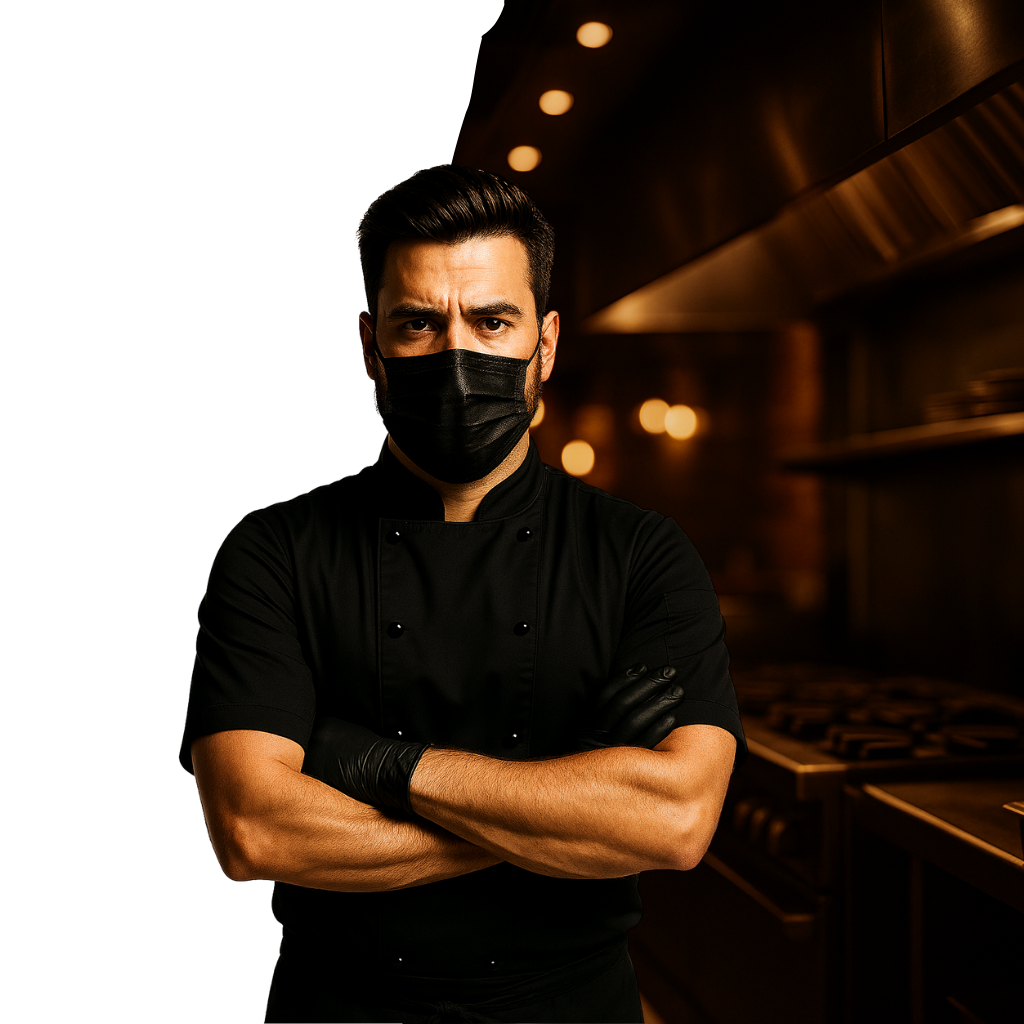 Chef masculino de aspecto serio con uniforme totalmente negro, cubrebocas y guantes de nitrilo negros, posando con los brazos cruzados en una cocina industrial elegante con iluminación cálida. Chef masculino de aspecto serio con uniforme totalmente negro, cubrebocas y guantes de nitrilo negros, posando con los brazos cruzados en una cocina industrial elegante con iluminación cálida.