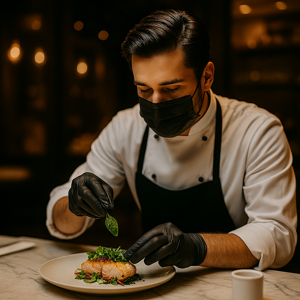 Chef masculino con uniforme blanco y delantal negro, usando cubrebocas y guantes de nitrilo negros, decorando cuidadosamente un plato gourmet con hojas frescas sobre una mesa de mármol en un restaurante de alta cocina. Chef masculino con uniforme blanco y delantal negro, usando cubrebocas y guantes de nitrilo negros, decorando cuidadosamente un plato gourmet con hojas frescas sobre una mesa de mármol en un restaurante de alta cocina.