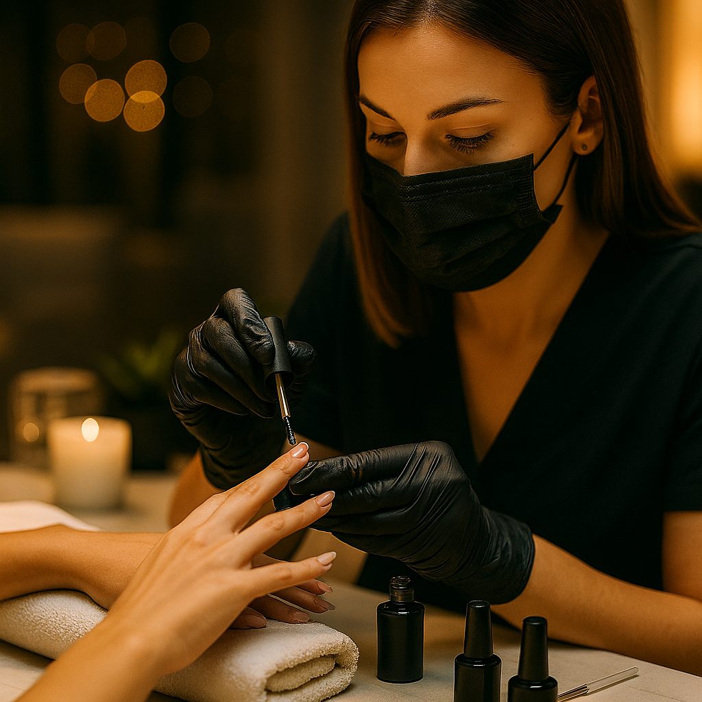Estilista de uñas con cubrebocas y guantes negros aplica esmalte gelish a clienta en un salón elegante con iluminación cálida y ambiente relajado. Estilista de uñas con cubrebocas y guantes negros aplica esmalte gelish a clienta en un salón elegante con iluminación cálida y ambiente relajado.