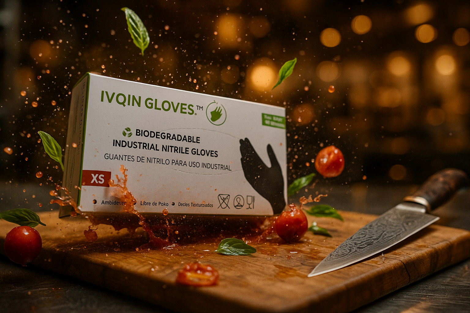 Caja de guantes biodegradables IVQIN GLOVES sobre mesa de madera con tomate y hojas de albahaca, fondo borroso y cuchillo de chef profesional.