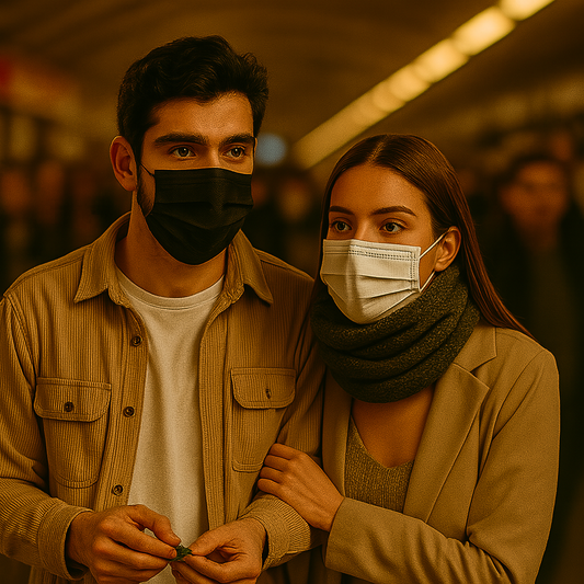 Pareja joven usando cubrebocas negro y blanco mientras caminan por una estación del metro en la Ciudad de México, rodeados de personas. La mujer lleva bufanda gris y ambos visten ropa casual elegante.