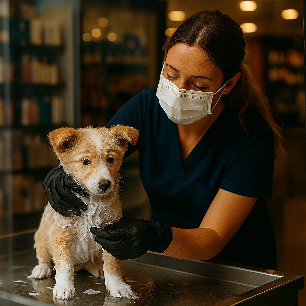 Trabajadora de estética canina con uniforme azul marino, guantes negros y cubrebocas blanco, bañando a un cachorro con espuma en una mesa de acero inoxidable dentro de una tienda especializada para mascotas. Trabajadora de estética canina con uniforme azul marino, guantes negros y cubrebocas blanco, bañando a un cachorro con espuma en una mesa de acero inoxidable dentro de una tienda especializada para mascotas.