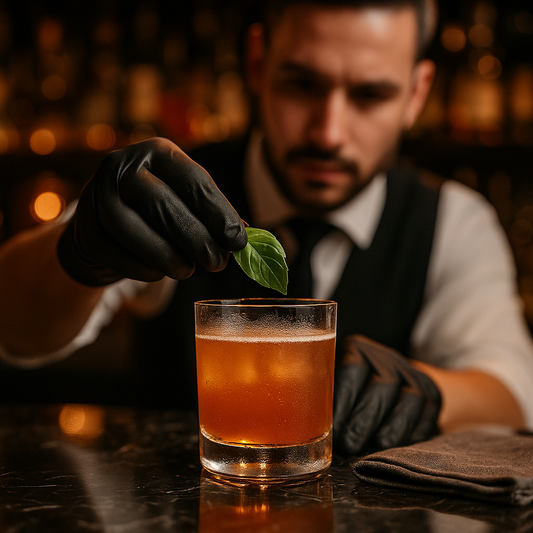 Bartender decorando un cóctel con una hoja de albahaca usando guantes biodegradables negros en un bar profesional.