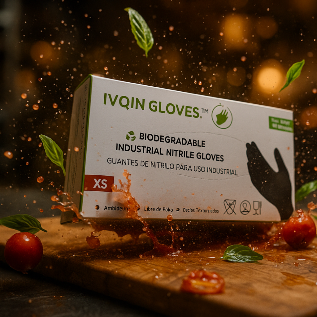 Caja de guantes biodegradables IVQIN GLOVES cayendo sobre tabla de madera con salpicaduras de tomate en cocina profesional. Caja de guantes biodegradables IVQIN GLOVES cayendo sobre tabla de madera con salpicaduras de tomate en cocina profesional.