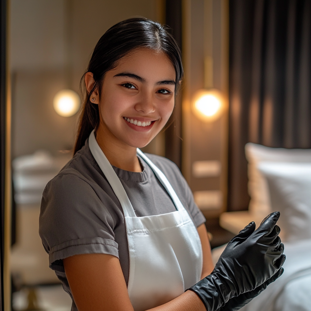 Camarista en habitación de hotel de lujo, usando guantes de nitrilo negros biodegradables, con fondo elegante y luz cálida. Camarista en habitación de hotel de lujo, usando guantes de nitrilo negros biodegradables, con fondo elegante y luz cálida.