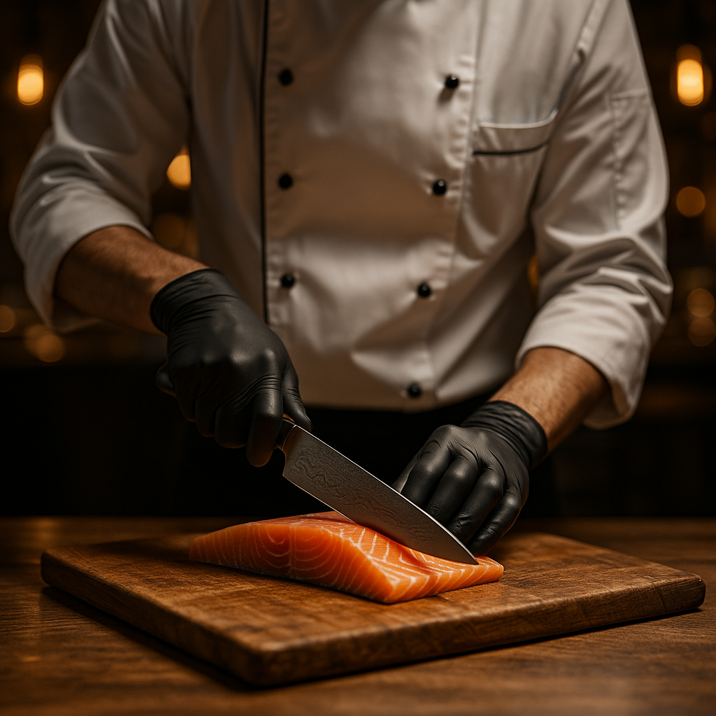 Chef profesional cortando salmón fresco sobre tabla de madera, usando guantes de nitrilo negros en cocina fine-dining. Chef profesional cortando salmón fresco sobre tabla de madera, usando guantes de nitrilo negros en cocina fine-dining.