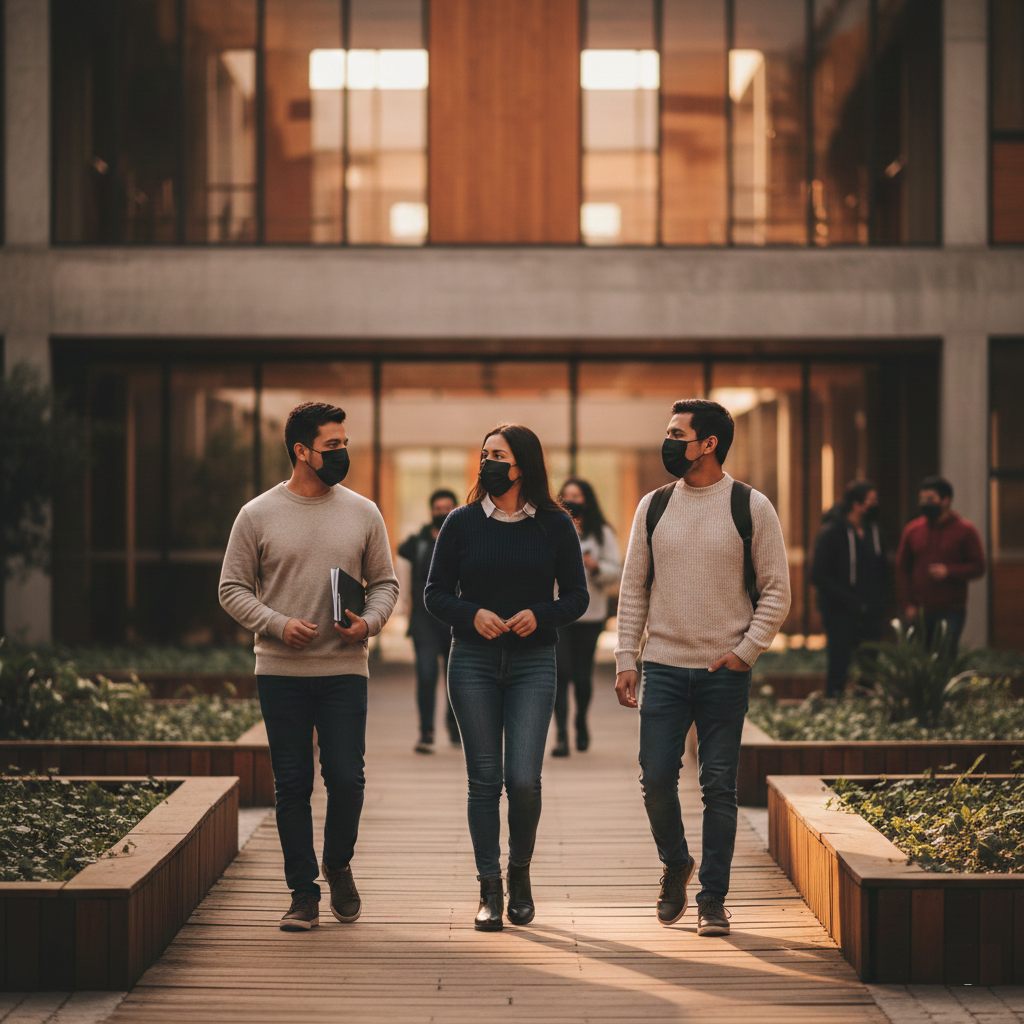 Estudiantes usando cubrebocas negro tricapa en campus universitario, protección cómoda para uso diario. Estudiantes usando cubrebocas negro tricapa en campus universitario, protección cómoda para uso diario.