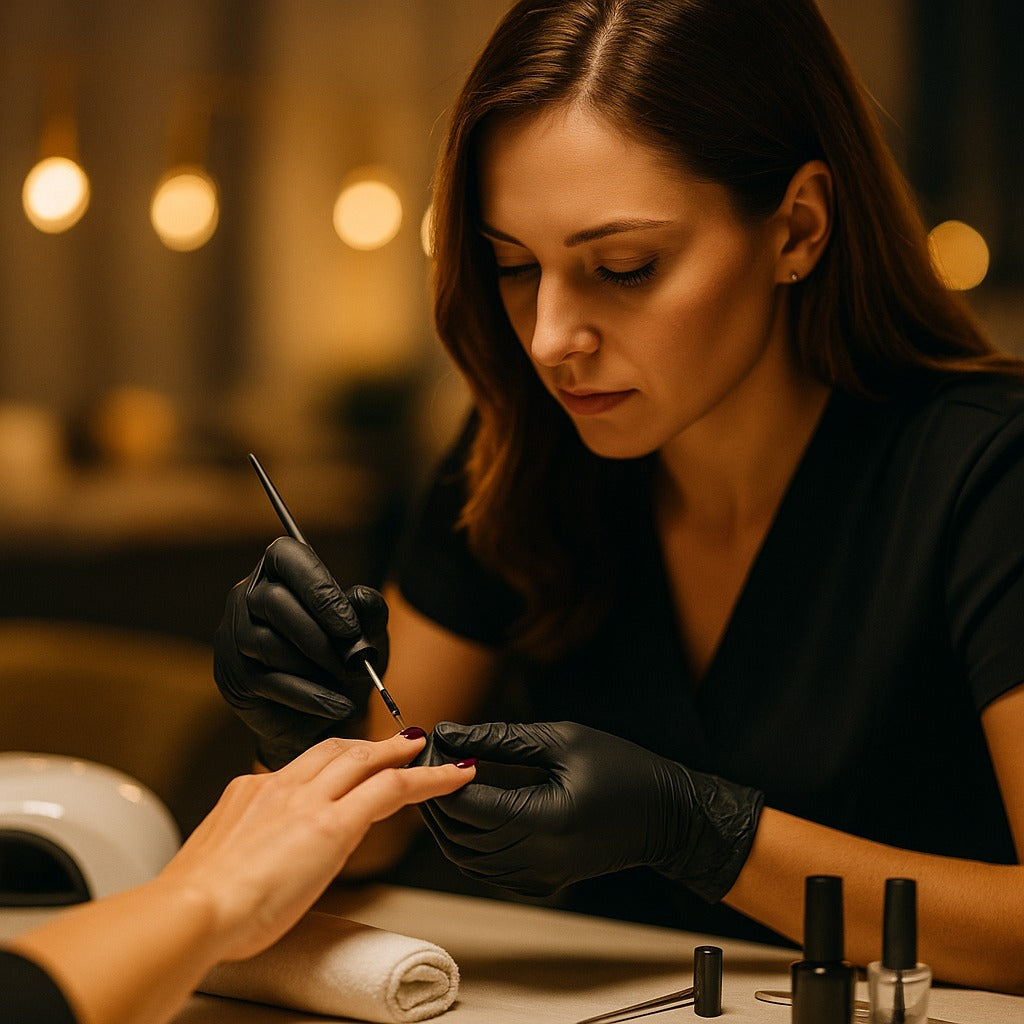 Manicurista aplicando esmalte gelish en uñas de una clienta, usando guantes de nitrilo negros biodegradables en salón de belleza profesional. Manicurista aplicando esmalte gelish en uñas de una clienta, usando guantes de nitrilo negros biodegradables en salón de belleza profesional.