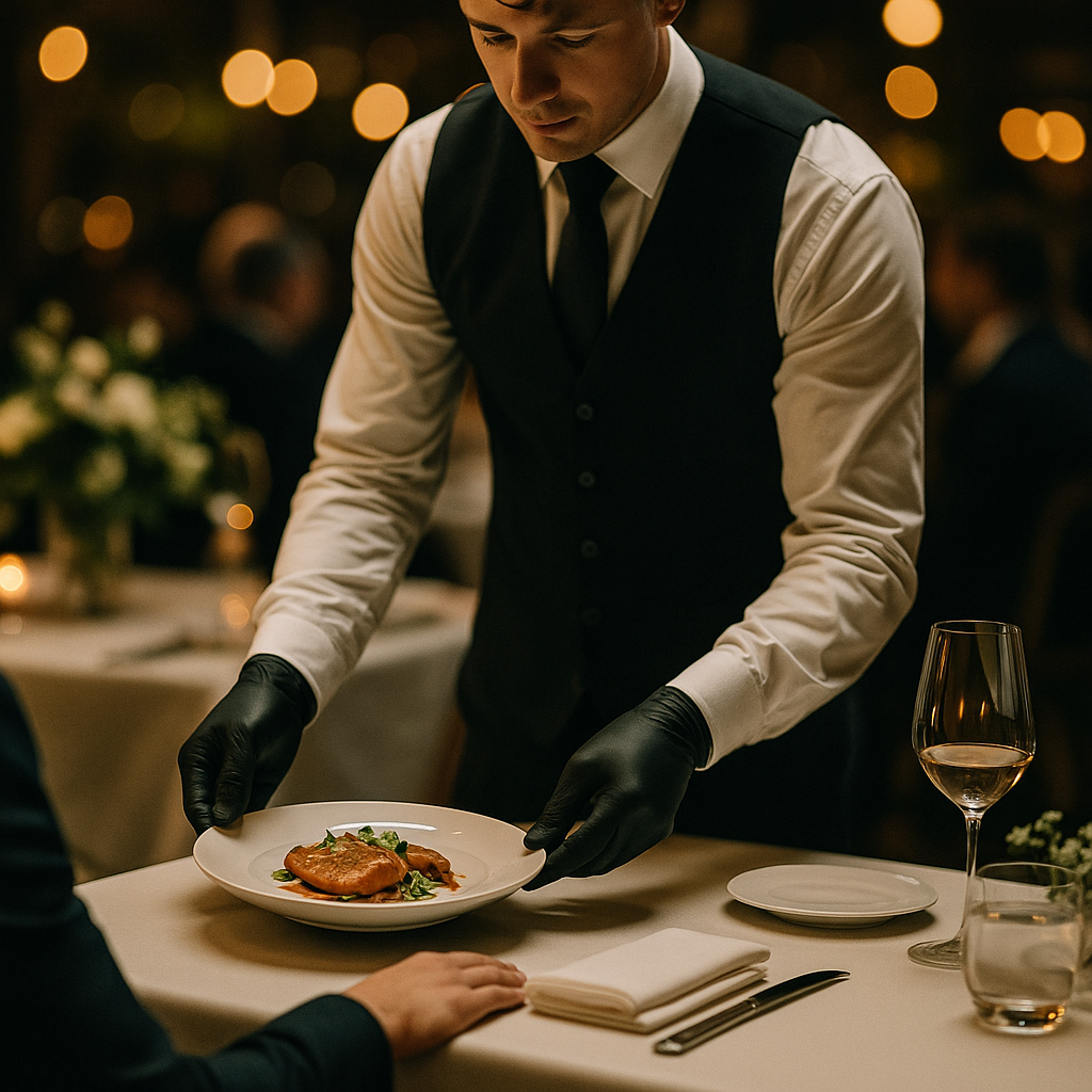 Mesero profesional con guantes de nitrilo negros biodegradables sirviendo un platillo gourmet en restaurante elegante, ambiente cálido y sofisticado. Mesero profesional con guantes de nitrilo negros biodegradables sirviendo un platillo gourmet en restaurante elegante, ambiente cálido y sofisticado.
