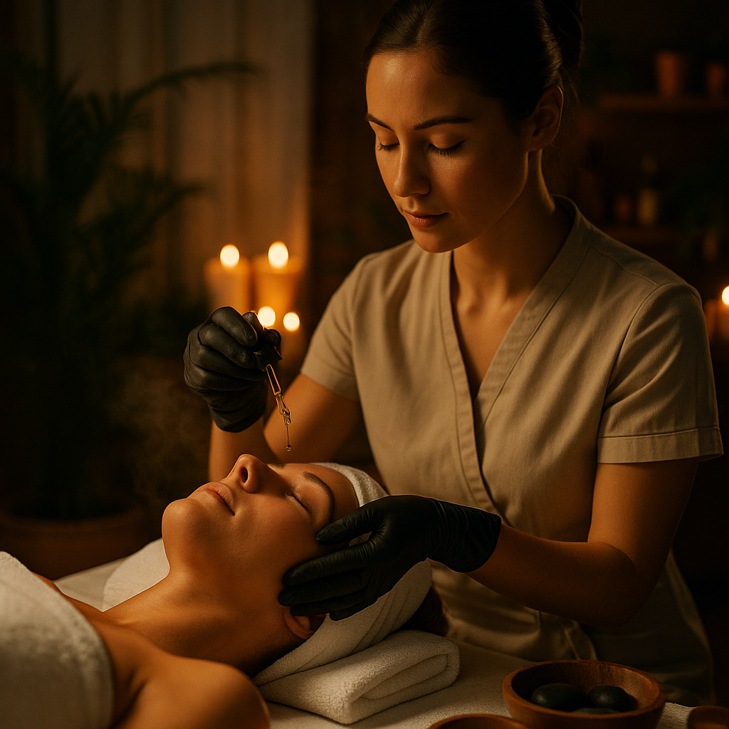 Masajista aplicando aceites esenciales en un spa de lujo, usando guantes biodegradables negros para higiene y cuidado. Masajista aplicando aceites esenciales en un spa de lujo, usando guantes biodegradables negros para higiene y cuidado.