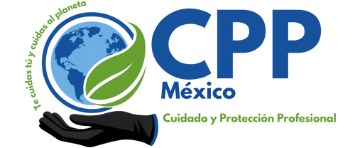 Logo oficial de CPP México, Cuidado y Protección Profesional, con globo terráqueo, hoja verde y mano con guantes de nitrilo biodegradables, acompañado del lema “Te cuidas tú y cuidas al planeta”.