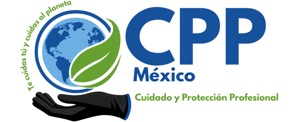 Logo oficial de CPP México, Cuidado y Protección Profesional, con globo terráqueo, hoja verde y mano con guantes de nitrilo biodegradables, acompañado del lema “Te cuidas tú y cuidas al planeta”.