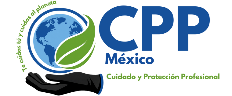 Logo oficial de CPP México, Cuidado y Protección Profesional, con globo terráqueo, hoja verde y mano con guantes de nitrilo biodegradables, acompañado del lema “Te cuidas tú y cuidas al planeta”.
