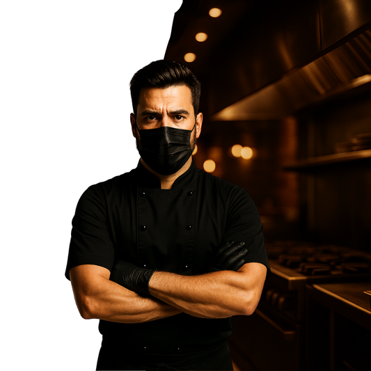 Chef masculino de aspecto serio con uniforme totalmente negro, cubrebocas y guantes de nitrilo negros, posando con los brazos cruzados en una cocina industrial elegante con iluminación cálida.