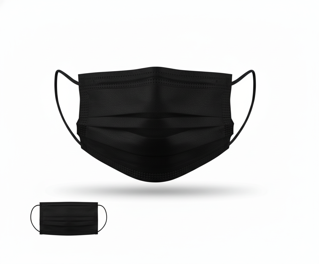 Cubrebocas tricapa negro desechable vista frontal sobre fondo blanco, uso profesional y diario, paquete de 50 piezas