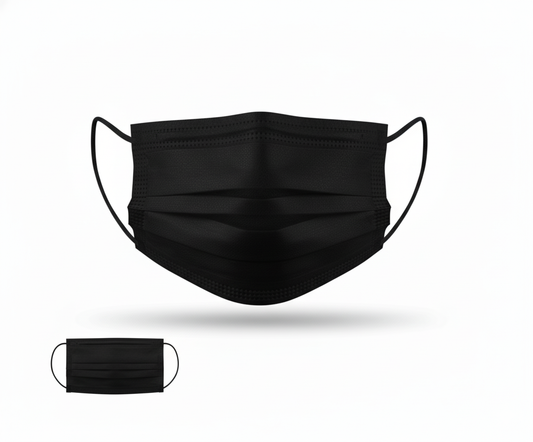 Cubrebocas tricapa negro desechable vista frontal sobre fondo blanco, uso profesional y diario, paquete de 50 piezas