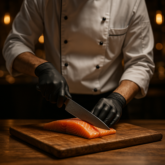 Chef profesional cortando salmón fresco sobre tabla de madera, usando guantes de nitrilo negros en cocina fine-dining.