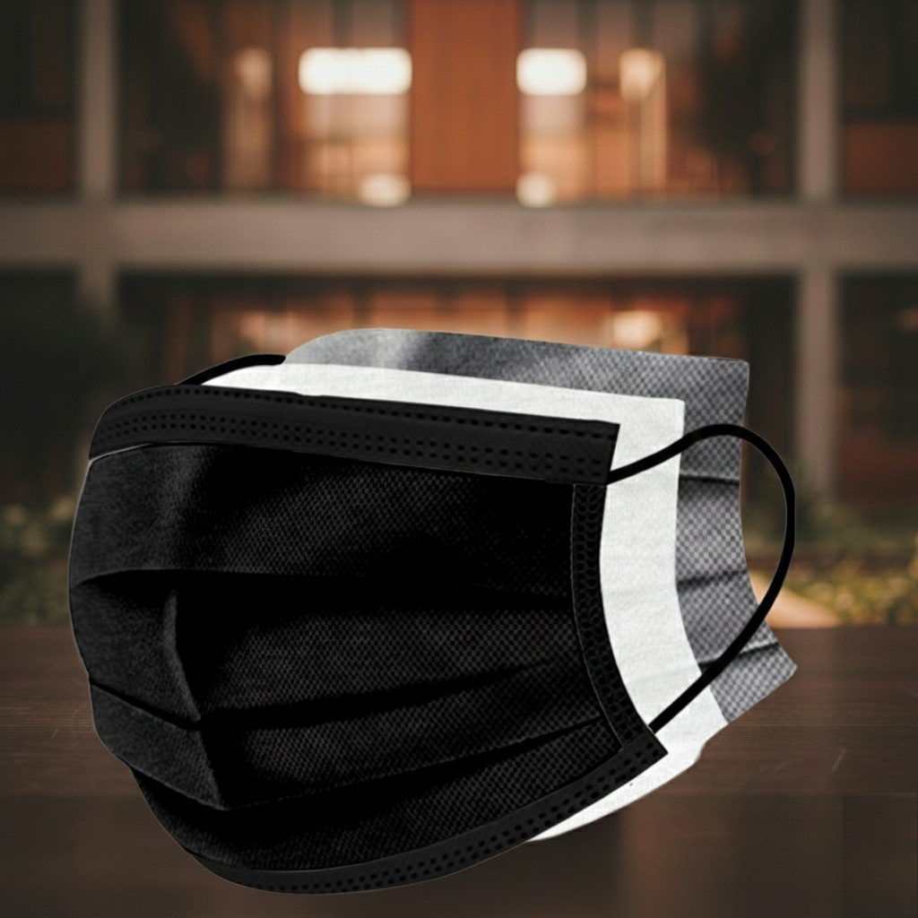 Cubrebocas tricapa negro con tres capas visibles (capas separadas), protección para uso diario y profesional