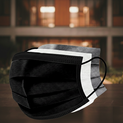 Cubrebocas tricapa negro con tres capas visibles (capas separadas), protección para uso diario y profesional
