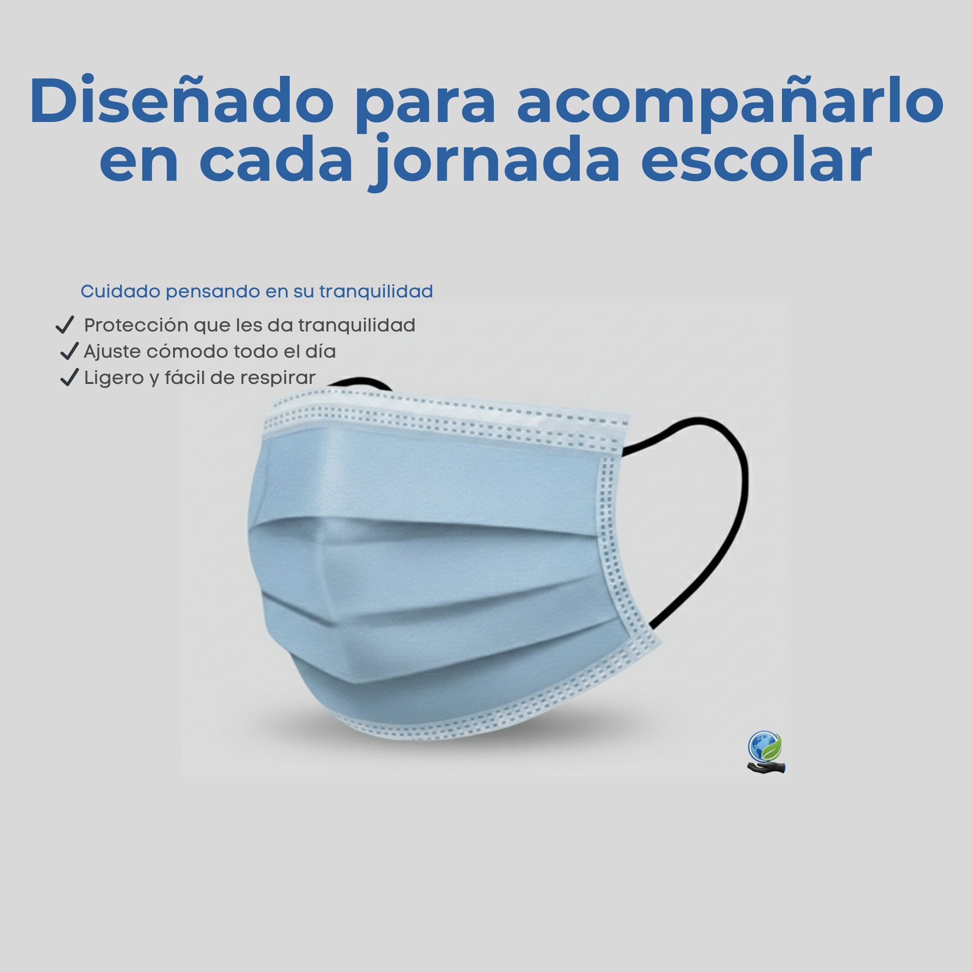 Cubrebocas infantil tricapa azul diseñado para uso escolar, ligero, cómodo y con protección confiable para niños.