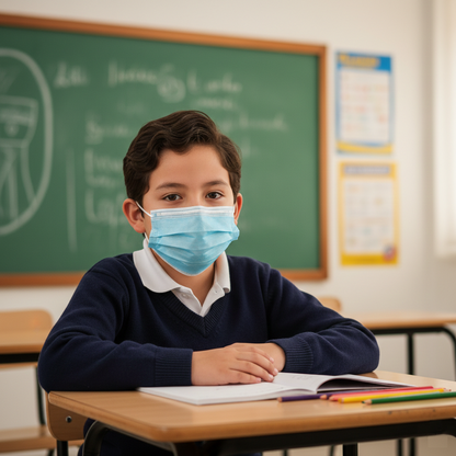 Cubrebocas tricapa infantil azul en uso escolar, mascarilla desechable con ajuste nasal para niños, CPP México.