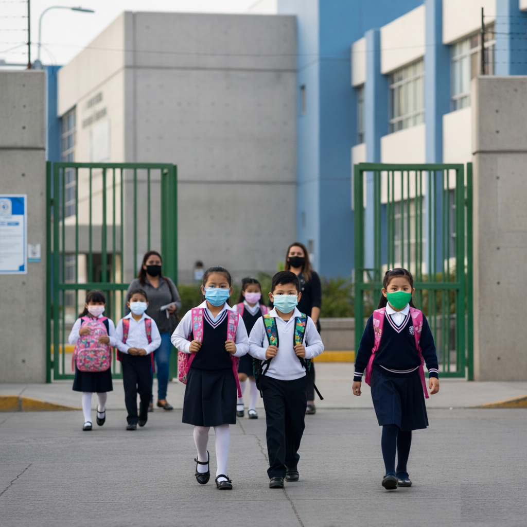 Niños con uniforme escolar usando cubrebocas infantil tricapa en colores azul, blanco, verde y rosa frente a escuela urbana en Estado de México