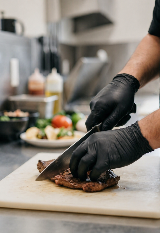 Chef cortando carne con guantes de nitrilo negros en cocina profesional en México, uso higiénico y seguro para alimentos